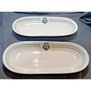 Lot 2 Vtg Albert Pick Co. Relish Trinket Dish Vitrified USA made NS Lyre Logo